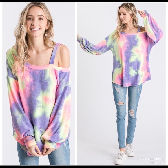 NEW! Tie-Dye Super Soft Open Shoulder Top - Picture 2 of 8
